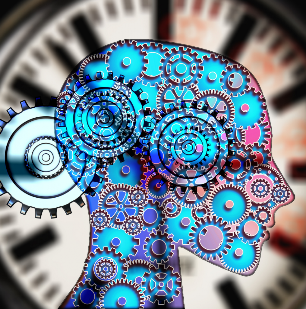 Human head behind a clock